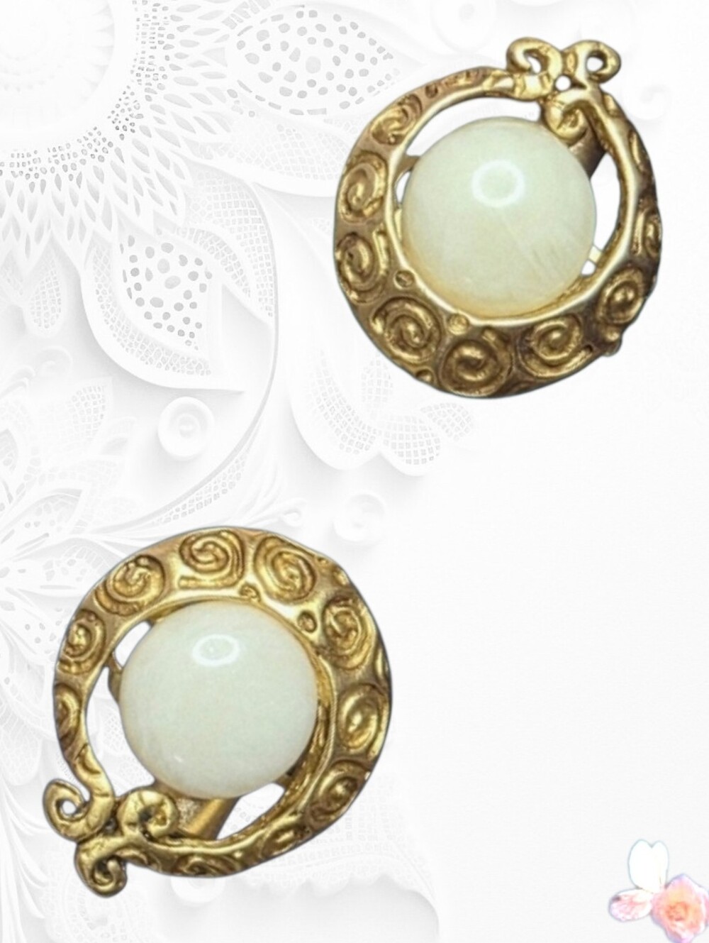 Vintage Givenchy Clip-On Earrings Gold Tone White Cabochon 770